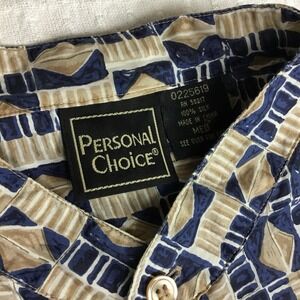Personal‎ Choice Mens Vintage 90s 100% Silk Geometric Band Collar Shirt Blue Med